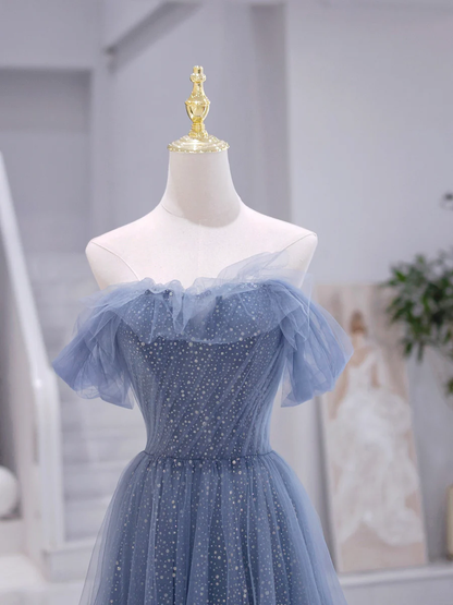 A line Blue Strapless Tulle Long Prom Dress P620