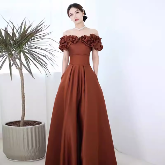 A line Off The Shoulder Satin Party Dress Long Prom Dress P871