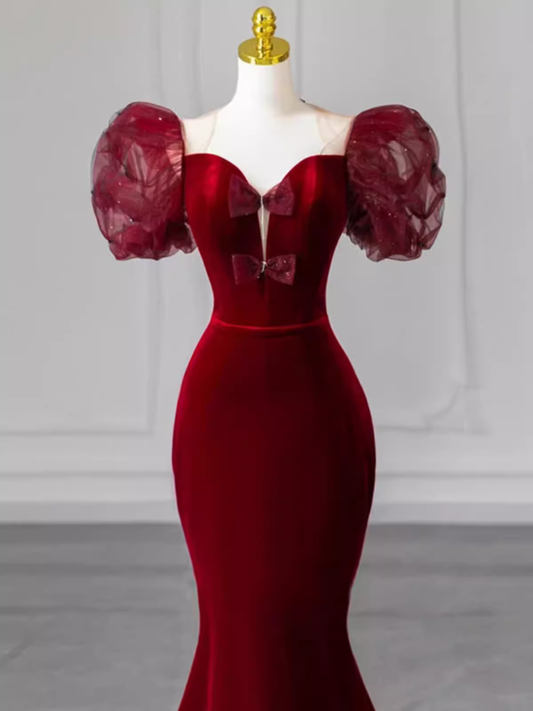 Sexy Mermaid Velvet Party Dresses Red Prom Dresses P952