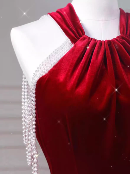 Sexy Mermaid Velvet Party Dresses Red Prom Dresses P954