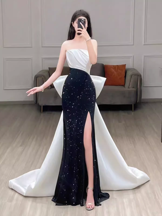 Mermaid Strapless Black Satin Long Slit Prom Dresses P1012