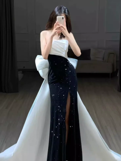 Mermaid Strapless Black Satin Long Slit Prom Dresses P1012