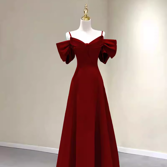 Simple A line Straps Red Satin Long Prom Dresses P1017