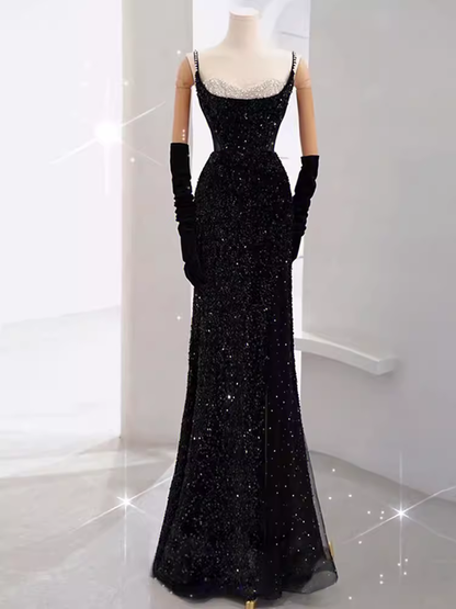 Mermaid Long Prom Dress New Sequin Sexy Black Slit Evening Dress P917