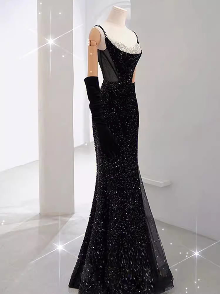 Mermaid Straps Sequin Black Backless Long Prom Dresses P1019