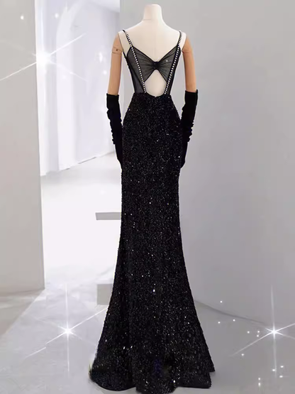 Mermaid Long Prom Dress New Sequin Sexy Black Slit Evening Dress P917
