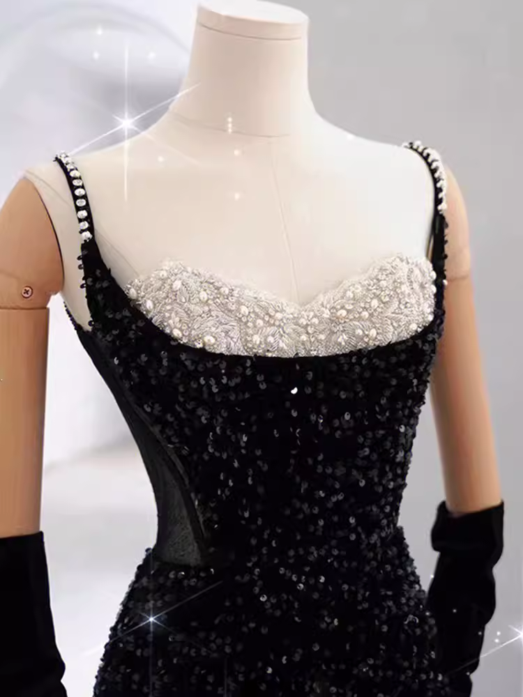 Mermaid Straps Sequin Black Backless Long Prom Dresses P1019
