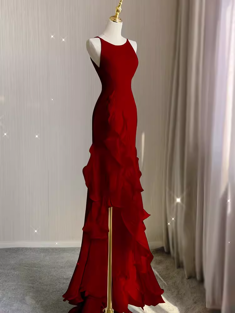 Simple Mermaid Red Chiffon Long Prom Dress P1054