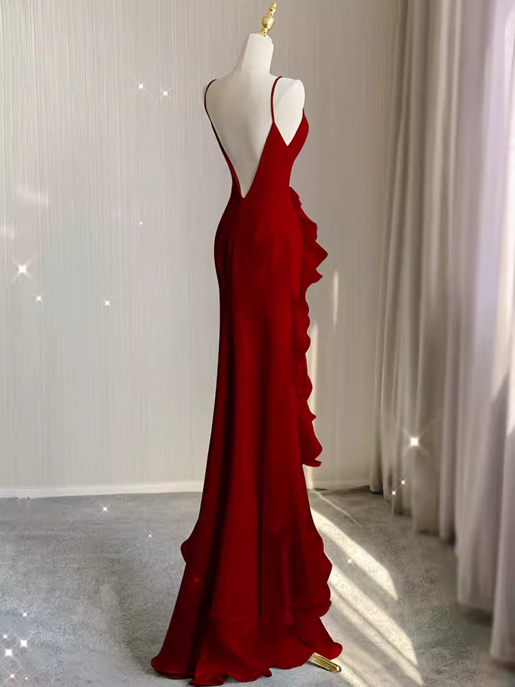 Simple Mermaid Red Chiffon Long Prom Dress P1054