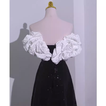 Sexy A line Off The Shoulder Long Black Sequin Prom Dress P1534