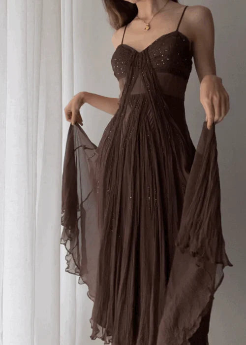 Vintage Brown A Line Spaghetti Strap Beaded Chiffon Long Prom Dress Party Dress SH4540