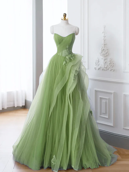 A-Line Tulle Lace Sage Green Long Prom Dress P1578