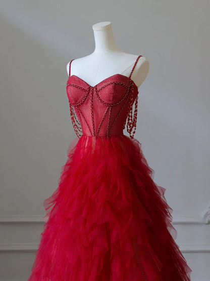 A-Line Sweetheart Neck Tulle Beads Burgundy Long Prom Dress P1615