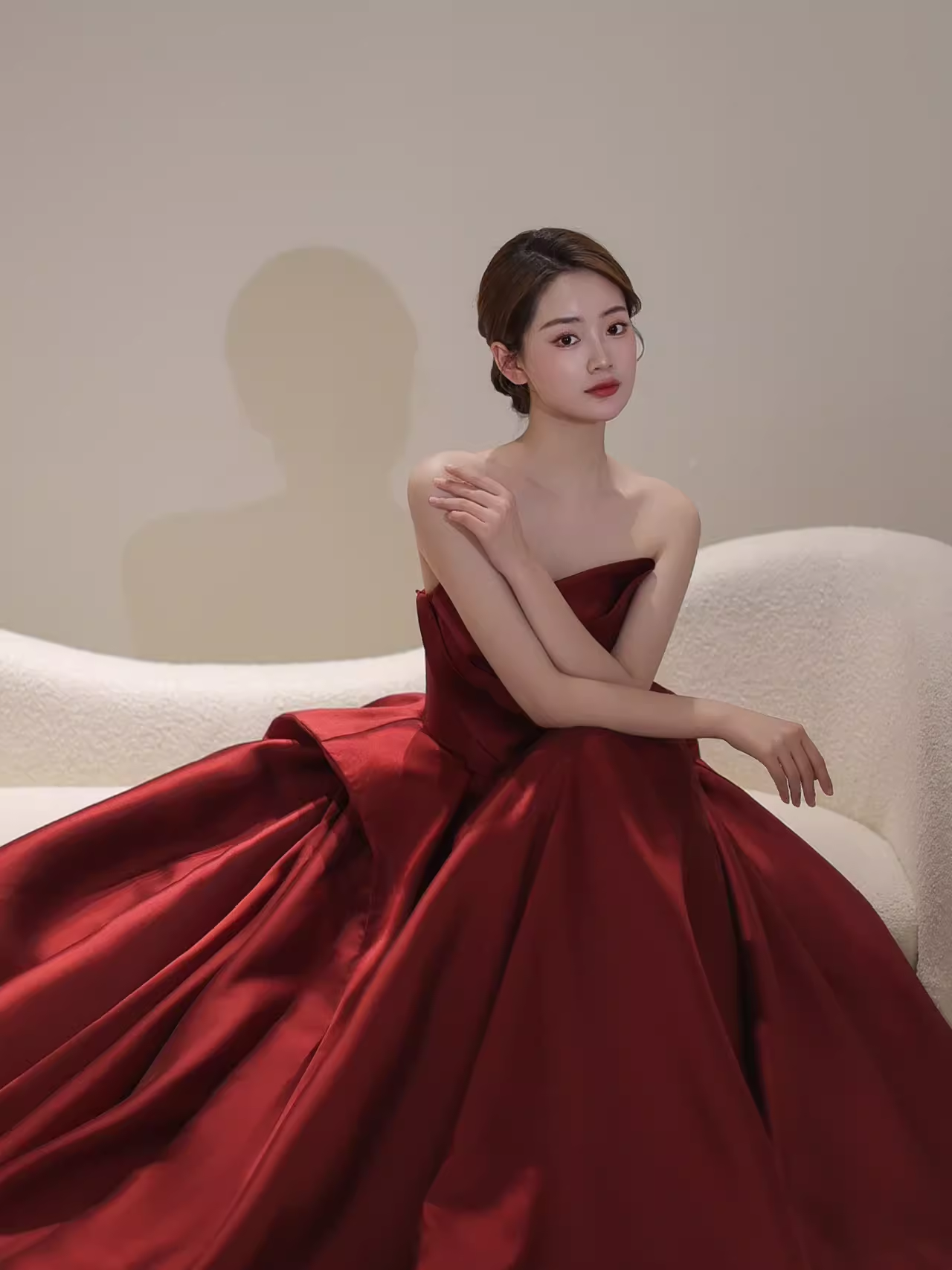 Ball Gown Strapless Burgundy Satin Prom Dresses Evening Dress P1988