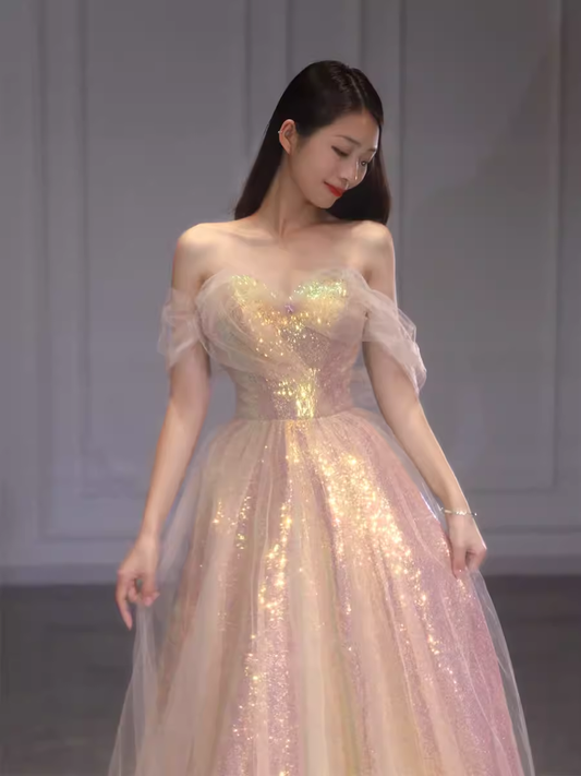 A Line Strapless Sequin Pink Prom Dresses Long Evening Dress P2025