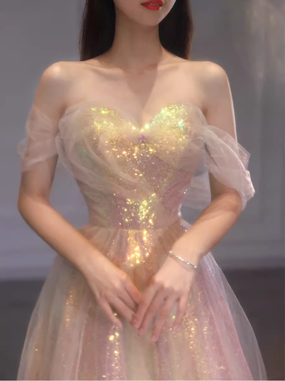 A Line Strapless Sequin Pink Prom Dresses Long Evening Dress P2025