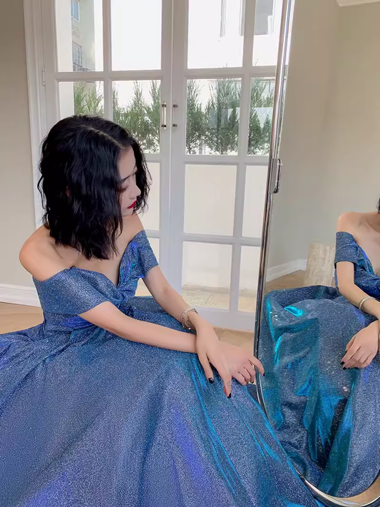 Simple A line Off The Shoulder Blue Prom Dresses Evening Dress P2147