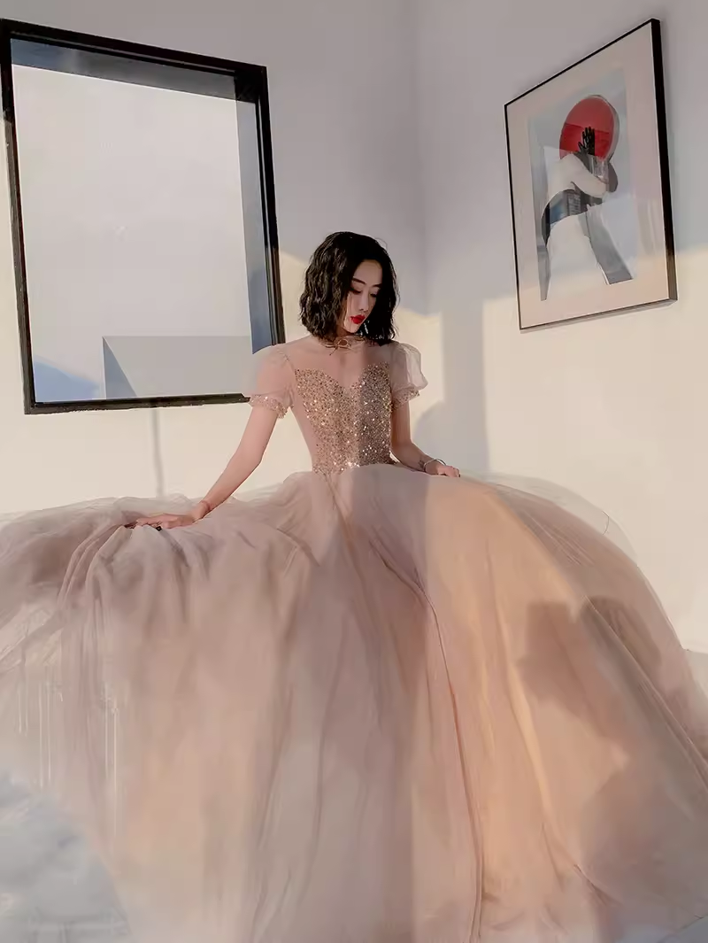Simple A Line Champagne Tulle Prom Dresses Evening Dress P2149