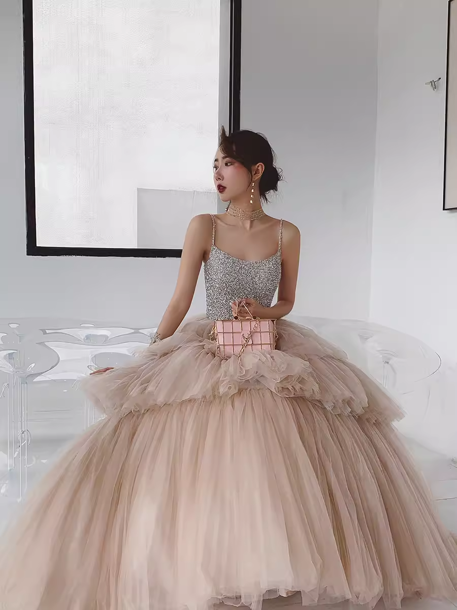 Simple Ball Gown Champagne Tulle Prom Dresses Evening Dress P2151