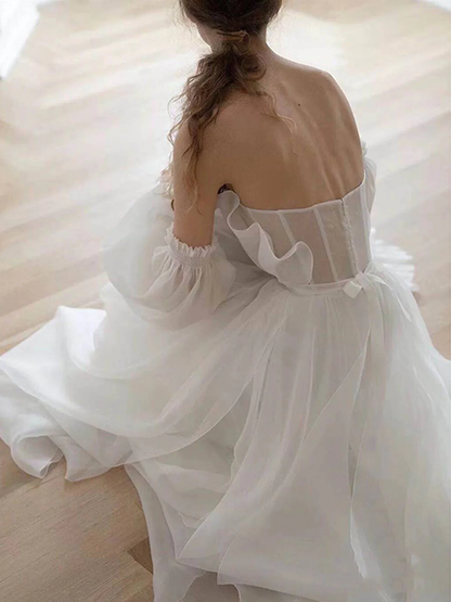 A line White Long Organza Prom Dress Formal Dresses P2202