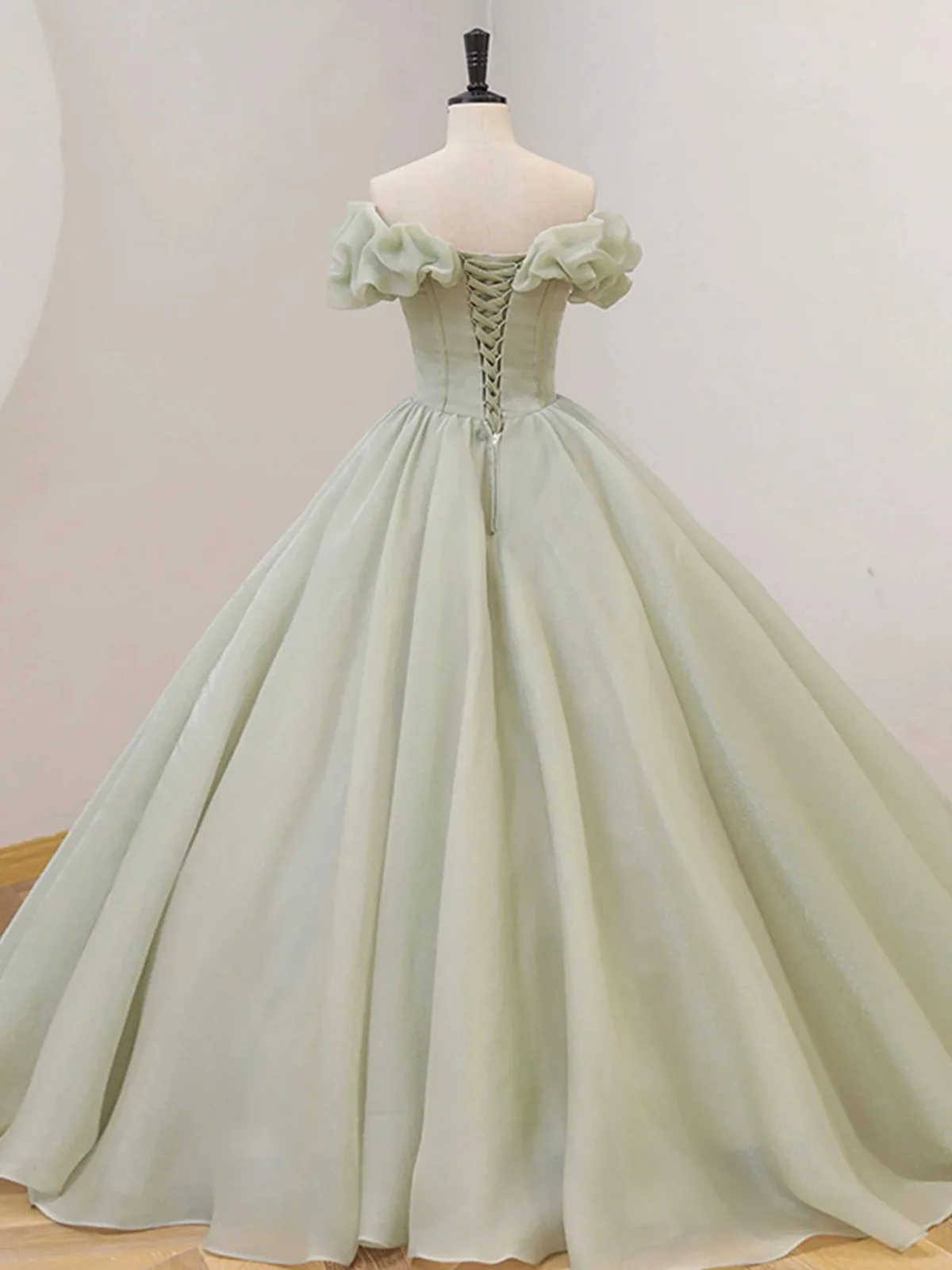 Off the Shoulder Green Tulle Beaded Prom Dresses P2204