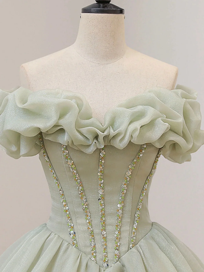 Off the Shoulder Green Tulle Beaded Prom Dresses P2204