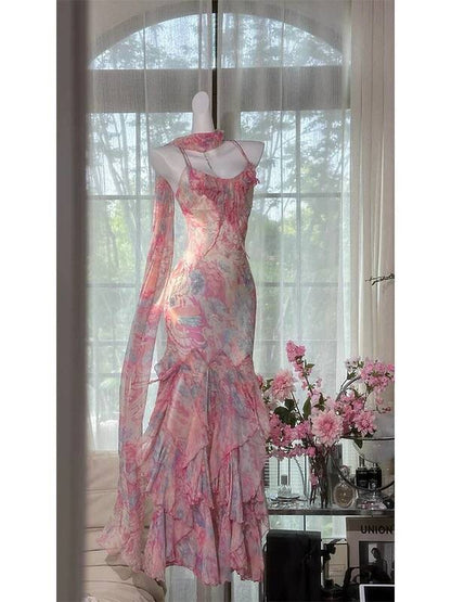 Flowy Mermaid Spaghetti Strap Print Flower Pink Chiffon Party Dress SH3292