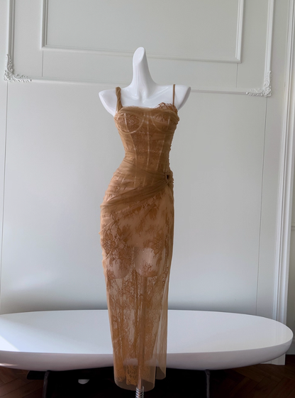 Sexy Brown Sheath One Shoulder Lace Prom Dress Birthday Dress SH4510