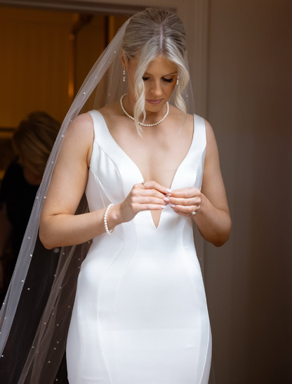 Elegant Mermaid Deep V Neck White Satin Long Sweep Wedding Dress SH2101