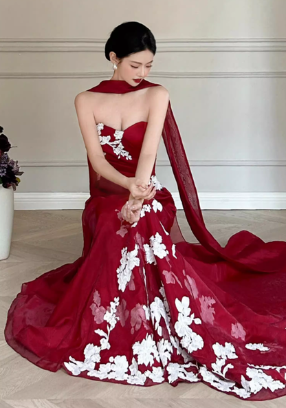 Burgundy Mermaid Sweetheart Neck White Applique Tulle Prom Dress Party Dress SH4077