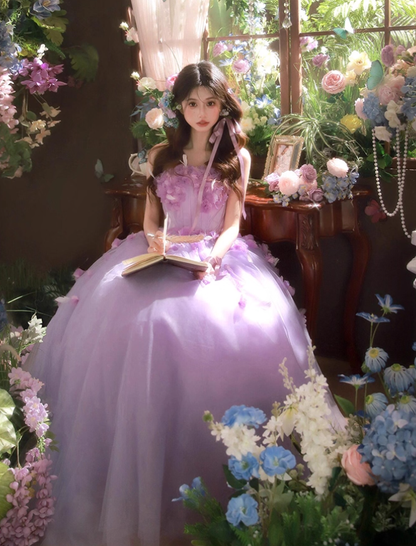 Purple Ball Gown Strapless Corset Floral Tulle Prom Dress 16th Birthday Dress SH4053