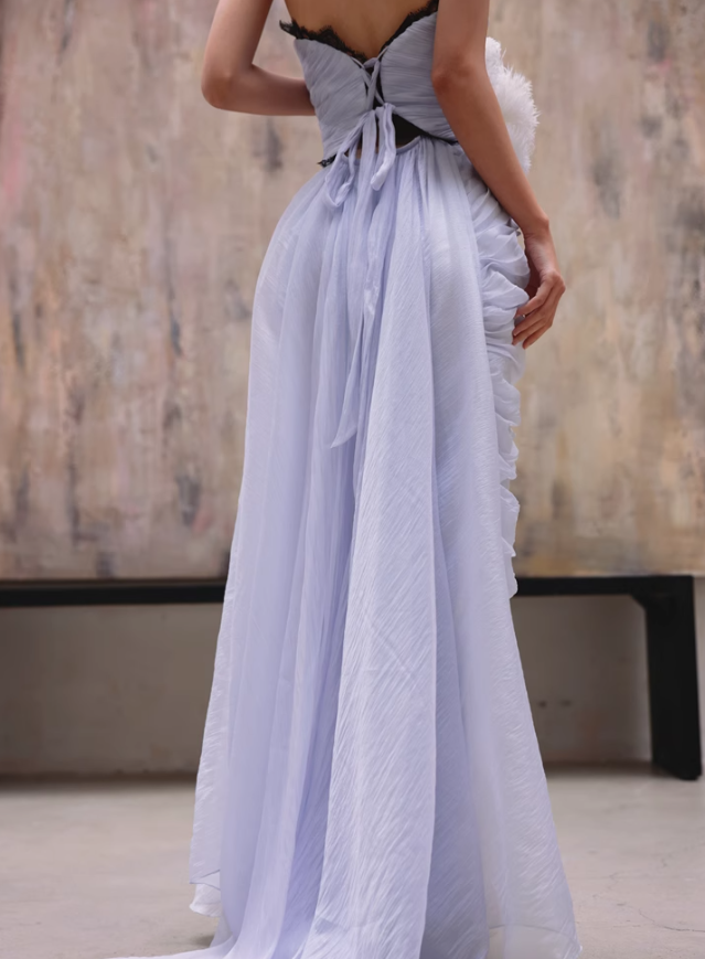 Elegant A Line Sweetheart Neck Black Lace Purple Chiffon Long Evening Dress Gown Dress SH3584