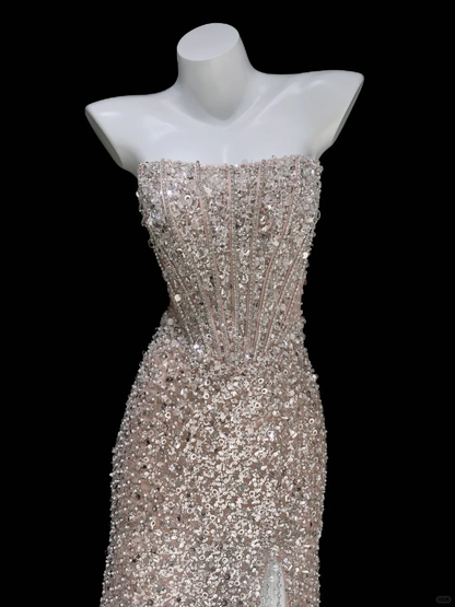 Shiny Sheath Strapless Corset Sequin Prom Dresses Birthday Dresses with Slit SH5049