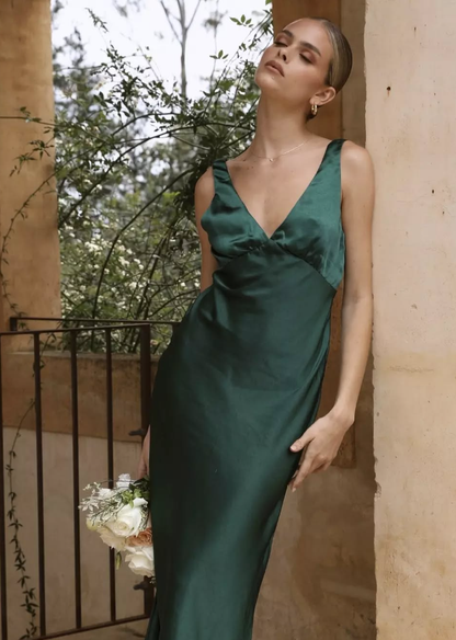 Cute Sheath V Neck Blue Satin Bridesmaid Dress Evening Dress SH2833