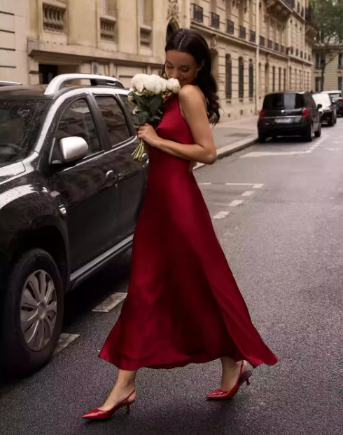 Elegant Mermaid Halter Pearl Burgundy Satin Long Evening Dress Party Dress SH3030