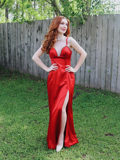 Charming Sheath Spaghetti Strap Rhinestone Red Satin Long Evening Dresses Party Dresses with Slit SH2676