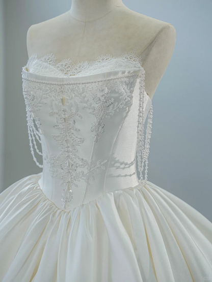 White Pearl Ball Gown Strapless Lace Satin Long 16th Birthday Dress Wedding Dress SH3962