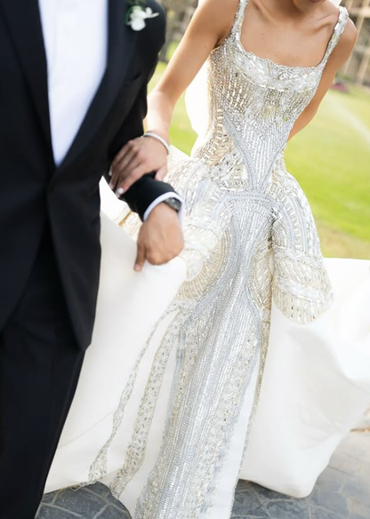 Stunning Exquisite Rhinestone Ball Gown Straps White Satin Long Wedding Dress SH4936