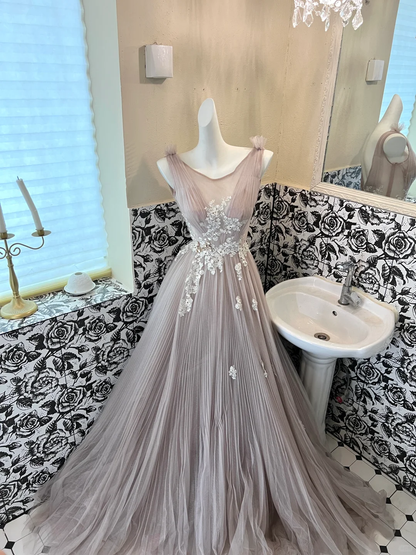 Dusty Rose Quartz A Line Round Neck White Appliques Tulle Long Party Dress Prom Dress Formal Dress SH3854