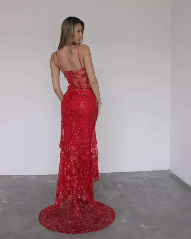 Red Spaghetti Straps Lace Beading Gorgeous Mermaid Evening Dress SH1204