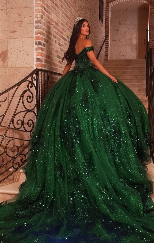 Dark Green Sequin Tulle Applique Long Prom Dress Quinceanera Dress Ball Gown SH5181