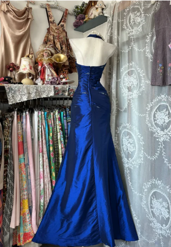 Vintage Halter Mermaid Long Prom Dresses Beaded Satin Blue Evening Dresses Birthday Dresses SH5041