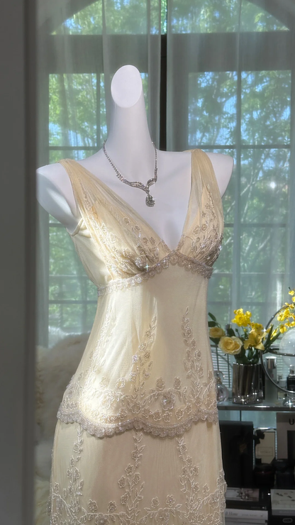 Charming Sheath V Neck Layered Appliques Ivory Chiffon Party Dress Evening Dress SH2965