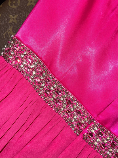 Charming A Line Spaghetti Strap Pink Beaded Satin Chiffon Long Prom Dress Party Dress SH3041