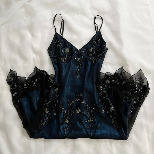 Gorgeous Mermaid Spaghetti Straps Beaded Navy Blue Satin Long Prom Dress SH1150
