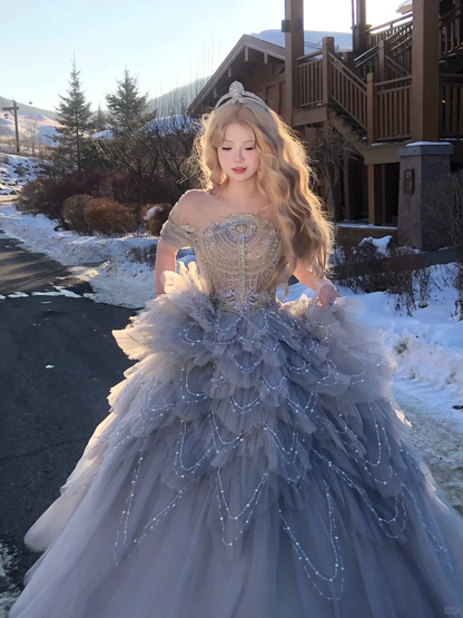 Exquisite Beaded A Line Off the Shoulder Grey Tulle Long Evening Dress Party Dress SH3487
