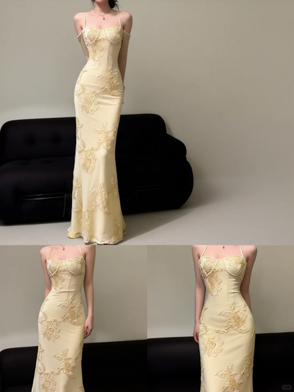Yellow Mermaid Spaghetti Straps Appliques Tulle Satin Prom Dress Evening Dress SH5110