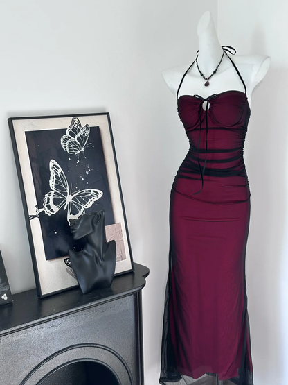 Classic Sexy Sheath Halter Black Chiffon Red Satin Open Back Long Evening Dress Party Dress SH3486