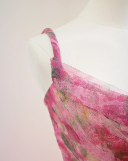 Beautiful Pink Spaghetti Straps Rose Flowers Tulle Long Party Dress Evening Gown D2161