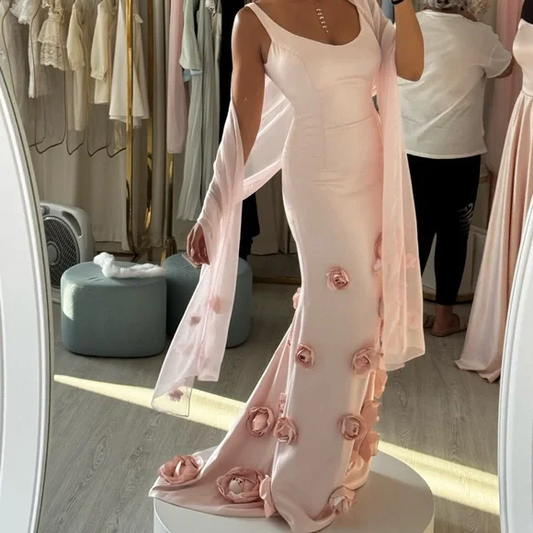 Pretty Pink Satin 3D Rose Flowers Mermaid Party Dress Long Evening Gown D1360
